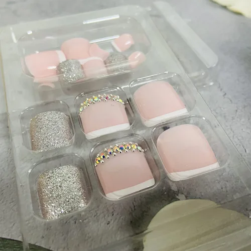 Miniatura 4 de Uñas postizas a presión, puntas blancas cuadradas, uñas postizas con purpurina y diamantes de imitación, uñas postizas con pegamento brillante