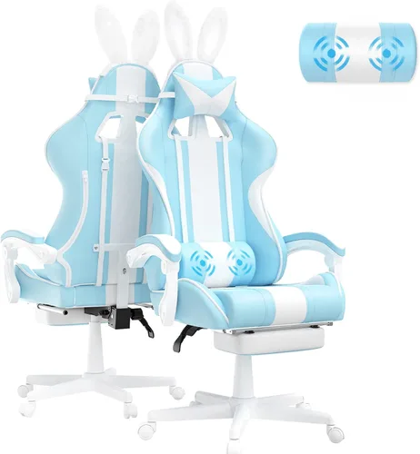 Ferghana - Silla de juego Kawaii en azul claro con orejas de conejo, silla Gamer ergonómica y linda con reposapiés y masaje, silla de juego de