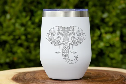 Miniatura 4 de CM - Vaso de vino con doble aislamiento y tapa de 12 onzas, copa de vino sin tallo grabada con elefante de acero inoxidable con recubrimiento