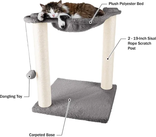 Miniatura 4 de Hamaca para gatos con postes rascadores para gatos de interior - Árbol de gato de 19 pulgadas de altura con juguete de bola colgante para gatos
