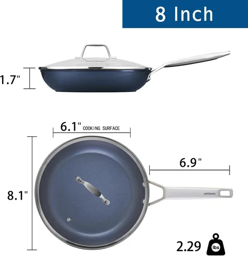 Miniatura 8 de MsMk Sartén antiadherente de 8 pulgadas con tapa, sartén para tortilla de huevo, revestimiento no tóxico de titanio y diamante azul de Estados