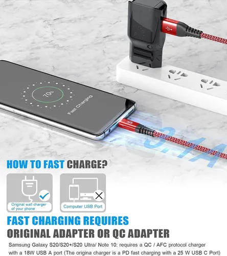 Miniatura 3 de sweguard Cable USB tipo C de 3.1A de carga rápida [2 unidades, 6.6 pies + 6.6 pies], cargador USB-A a USB-C, cable trenzado de nailon para Samsung