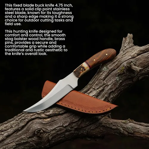 Miniatura 4 de SZCO Cuchillo de caza Full Tang de 4.75 pulgadas, cuchillo de campamento pequeño con mango de madera, hoja de acero inoxidable y funda, cuchillo