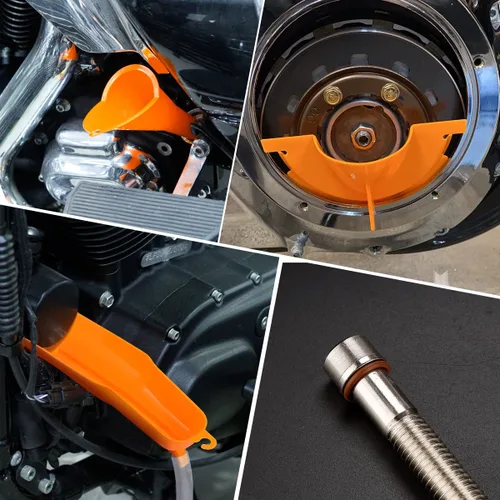 Miniatura 6 de Llave de filtro de aceite y kit de cambio de aceite para Harley Davidson, juego de embudo 4 en 1 sin goteo con primaria, herramientas de cárter