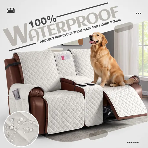 Miniatura 3 de KinCam Funda 100% Impermeable para Loveseat Reclinable con Consola, Fundas Antideslizantes para Sofá Reclinable de 2 Asientos, Funda para Sofá