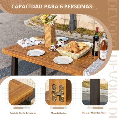 Miniatura 6 de Devoko Home Mesa de Comedor de Madera de Acacia para 6 Personas Mesa de Interior y Exterior con Patas de Hierro, Acabado Arenado, Teñido Natural