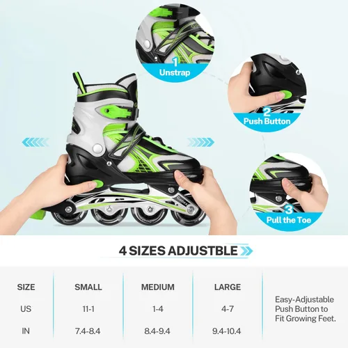 Miniatura 4 de Gonex Patines en línea para niñas y niños, patines ajustables para exteriores, patines en línea para niños, adolescentes y mujeres con ruedas Verde