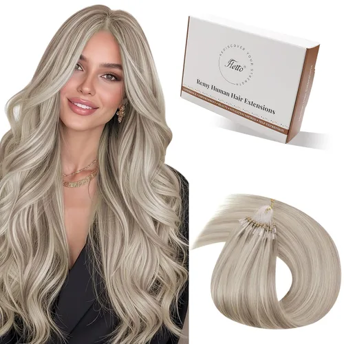 Miniatura 51 de Hetto Extensiones de cabello humano con nano cuentas, balayage, extensiones de cabello humano, color negro degradado a plateado, extensiones