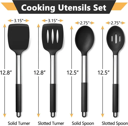 Miniatura 2 de P&P CHEF Juego de 4 utensilios de cocina negros de cocina, espátulas sólidas de silicona, cucharas ranuradas, giradores para utensilios de cocina