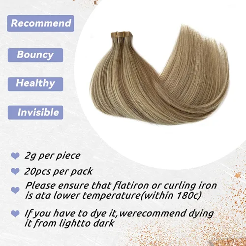 Miniatura 3 de Extensiones de cabello humano rubio con cinta, reflejos rubio ceniza y rubio platino, extensiones de cabello rubio platinado, cinta adhesiva