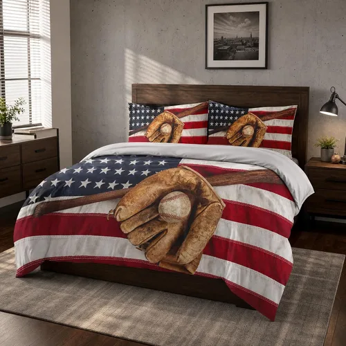 Juego de ropa de cama de béisbol para niños, juego de edredón de bandera estadounidense con temática deportiva, tamaño individual, decoración