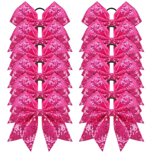 Miniatura 8 de Oaoleer 12 lazos grandes con purpurina para el pelo de 7 pulgadas, banda elástica hecha a mano para animadoras, adolescentes, niñas, deportes Negro