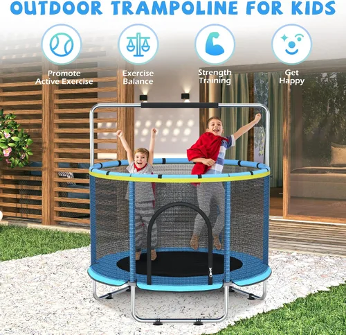 Miniatura 6 de Cama elástica para niños con malla de encierro, cama elástica mini para interiores y exteriores con barra de gimnasia ajustable, aro de baloncesto