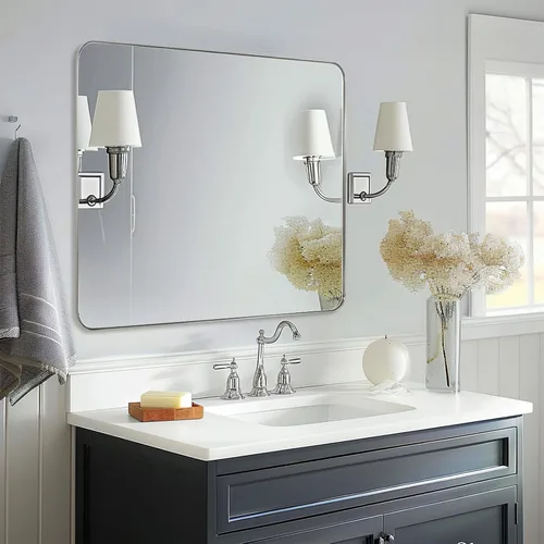 Miniatura 55 de ANDY STAR Espejo cromado para baño, espejo de pared con marco de metal de 22 x 30 pulgadas, espejo rectangular de acero inoxidable con esquina