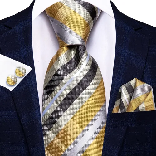 Miniatura 306 de Hi-Tie Corbata clásica de cachemira para hombre con pañuelo y gemelos a cuadros