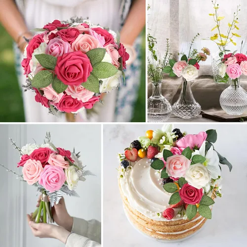 Miniatura 5 de AmyHomie Serie de rosas artificiales de color rojo, 25 unidades, rosas falsas de aspecto real con tallo para ramos de boda, centros de mesa, Seriesa