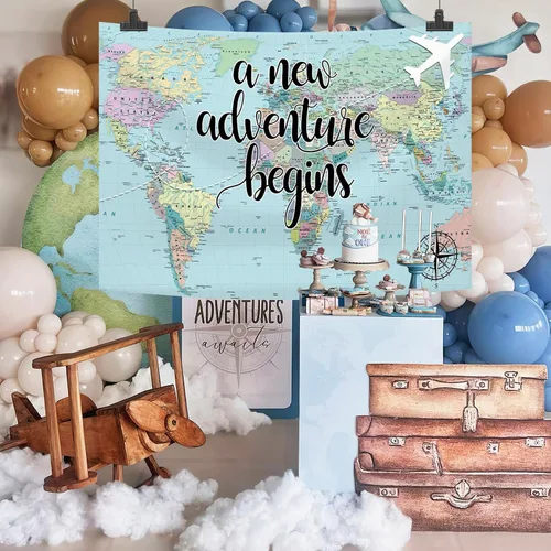 Miniatura 7 de Una nueva aventura comienza viajando niño, decoración de fiesta de baby shower, telón de fondo, mapa del mundo alrededor del mundo, aventura espera