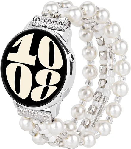VISOOM Pulsera boho de cuentas compatible con Samsung Galaxy Watch 8/7/6/5/4 de 40/44mm/Active 2 Watch 4 Classic de 42mm para mujer, pulsera Blanco
