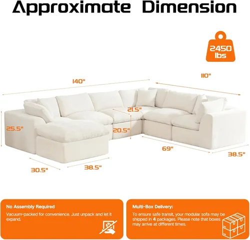 Miniatura 2 de Sofá sin hueso de 140 pulgadas para sala de estar, sofá modular de gran tamaño de 7 plazas con otomana, no requiere montaje, felpilla moderna