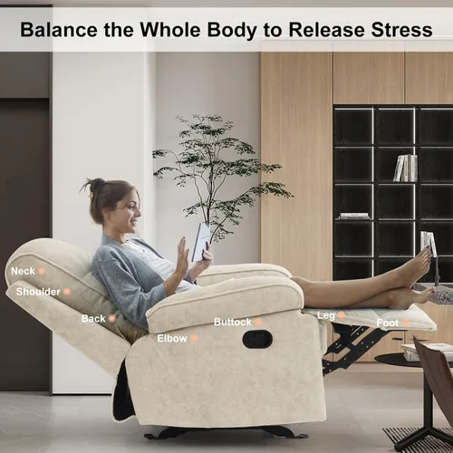 Miniatura 6 de Silla Mecedora Reclinable Manual para Adultos, Planeador de Respaldo Alto con Asiento Profundo, Sillón Tapizado de Tela para Sala de Estar