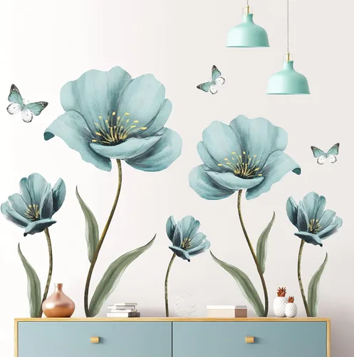 Miniatura 5 de Calcomanías de pared de flores azules de ensueño creativas pintadas con mariposas para pared, pintura romántica, decoración artística, vinilo