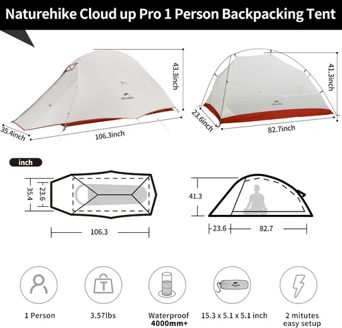 Miniatura 2 de Naturehike Cloud Up - Tienda de campaña para 1 persona, tiendas ligeras para mochileros para un hombre, tienda de campaña ultraligera impermeable