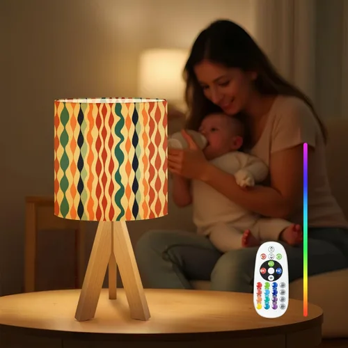 Miniatura 4 de Tripod Table Lamp Retro Checkered Peel Stick Geometric Abstract Modern 1970s Bedside Lamps Small Lamp Nightstand Lamp with Linen Lampshade Table