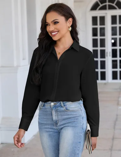 Miniatura 3 de Camisa clásica de botones para mujer, manga larga con cuello, blusa de gasa para trabajo y oficina