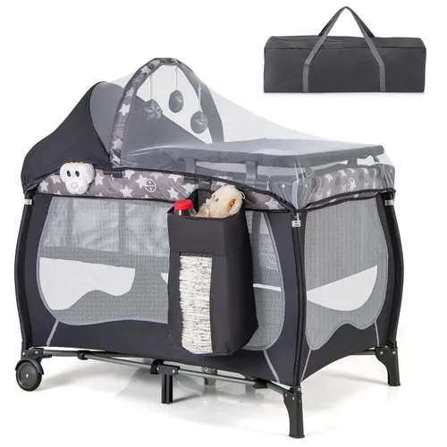 Miniatura 12 de HONEY JOY Pack and Play, centro de guardería plegable 4 en 1 con moisés infantil de tamaño completo y cambiador de pañales, cuna portátil para niños