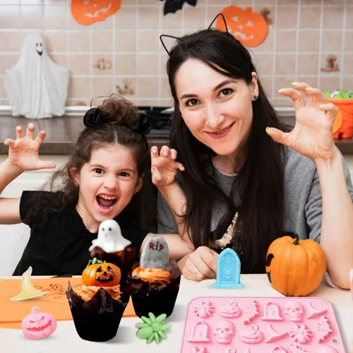 Miniatura 5 de Molde de silicona de Halloween para chocolate 3D para hornear chocolates, galletas, gomitas de caramelos, calaveras, calabazas, murciélagos