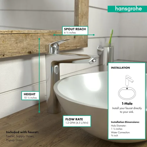 Miniatura 4 de hansgrohe Logis 71090001 - Grifo moderno para lavabo de baño de bajo flujo con 1 manija y 1 manija de 10 pulgadas de alto, color cromado Cromo