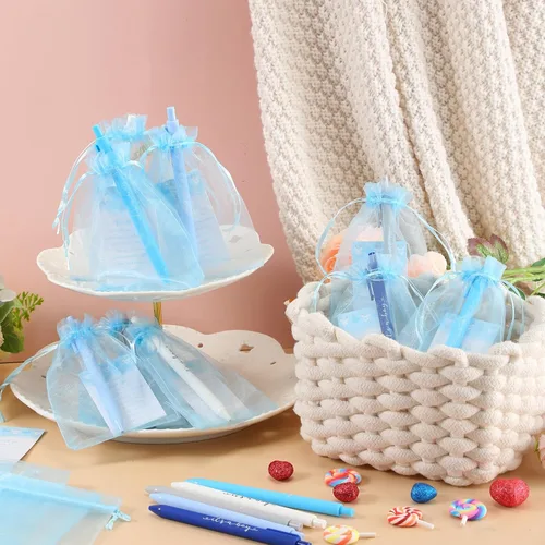Miniatura 5 de Chuangdi Juego de 50 bolígrafos de baby shower, recuerdos para invitados, bolígrafos con texto en inglés "It's a Boy Girl", tarjetas de Azul