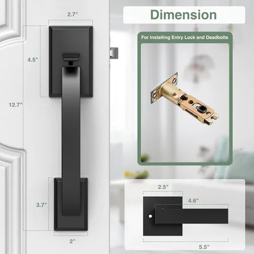 Miniatura 4 de Manija de puerta delantera negra ajustable 12.7 pulgadas manija de entrada exterior pesada reversible Manija de puerta negra