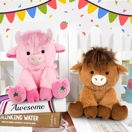 Miniatura 5 de Highland Cow - Animal de peluche esponjoso de 8 pulgadas con pelo elegante, juguete suave de peluche Kawaii abrazable de vaca para niños, niños