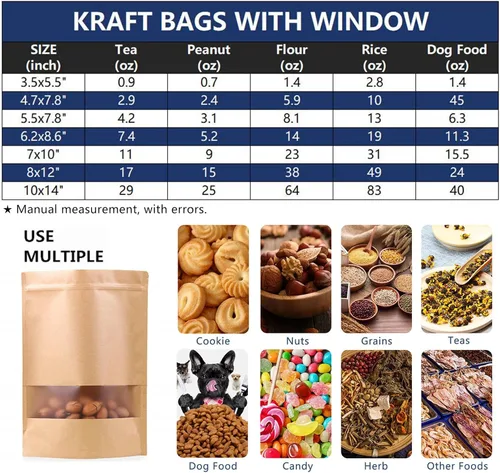 Miniatura 3 de 50 bolsas de papel kraft con ventana resellable de pie, bolsas con cierre de cremallera, bolsa de almacenamiento de alimentos a granel para pequeñas