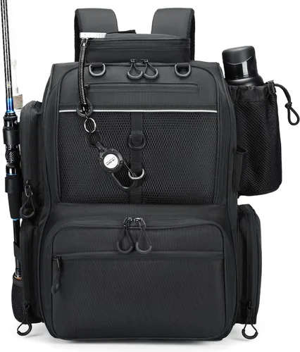 Rabjen Mochila de aparejos de pesca con soportes para caña, soporte para botellas, bolsa de almacenamiento, tienda de equipo de pesca