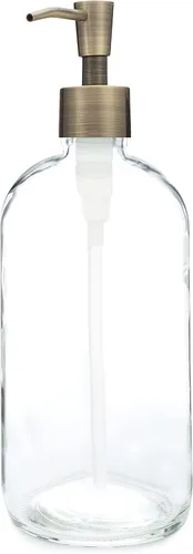 Rail19 Market - Dispensador de jabón de vidrio transparente con bomba de metal, jabón líquido de manos y loción para cocina y baño, 16 onzas (latón