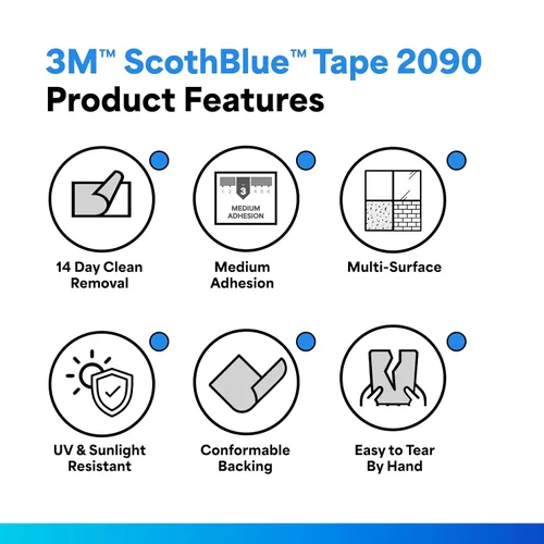 3M ScotchBlue 2090 - Cinta adhesiva para pintores, multisuperficie, adherencia media, preparación de pared para pintura, 0.5 pulgadas x 60 yardas