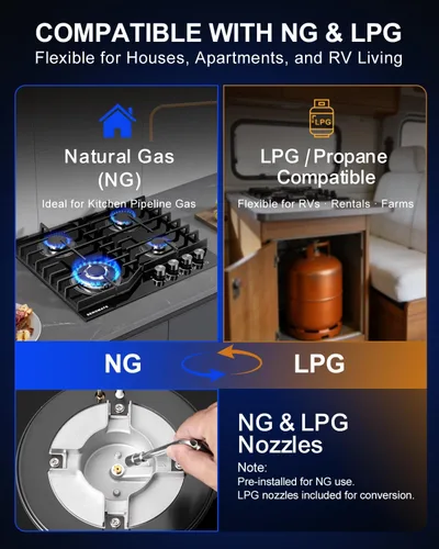 Miniatura 4 de Placa de cocina de gas de 24 pulgadas, estufa de gas de 4 quemadores, diseño integrado o de encimera, vidrio templado negro, convertible a NG/LPG