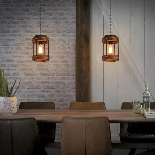 Miniatura 2 de Lámpara colgante de madera rústica de granja con cadena ajustable de una sola luz de madera de roble y farol de metal, iluminación colgante pequeña