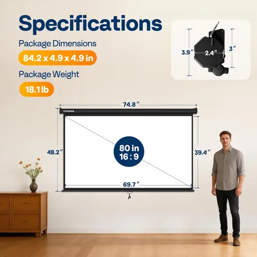 Miniatura 8 de VIVOHOME Pantalla de proyector desplegable 16:9 de 80 pulgadas, pantalla de película retráctil HD 4K para cine en casa y oficina en interiores, Negro