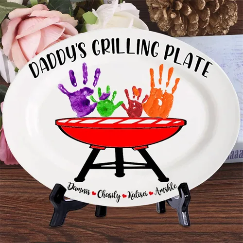 Miniatura 5 de Plato personalizado para asar para papá con nombres de niños, arte infantil, placa de servicio de impresión de mano para la familia, placa de Plato