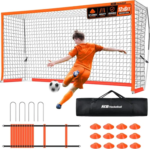 Haokelball Portería de fútbol portátil para patio trasero, red de fútbol de 12 x 6 pies con poste de metal para práctica de adultos y jóvenes,
