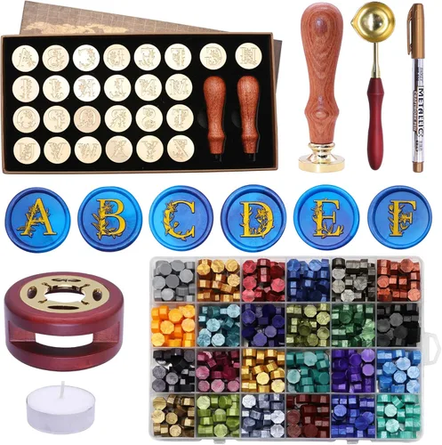 Miniatura 21 de SWANGSA Kit de sello de cera con letra inicial del alfabeto A, elegante sello de sellado de letras florales botánicas con 200 cuentas de cera