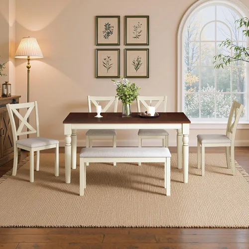 Miniatura 8 de LUXOAK Juego de mesa de comedor de madera maciza de 60 pulgadas para 6, mesa de cocina de granja con 4 sillas tapizadas y banco, 6 piezas de muebles