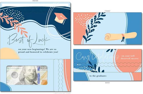 Tarjeta de graduación, soporte para dinero con apertura tipo tiras que se desgarran, con ventana transparente de plástico, para efectivo, cheques o