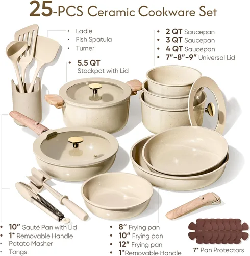 Miniatura 2 de CAROTE Juego de 25 piezas de utensilios de cocina de cerámica, juego de ollas y sartenes antiadherentes, juego de cocina para RV con asas
