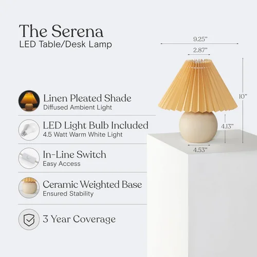 Miniatura 3 de Brightech Serena - Lámpara LED de mesa, pequeña lámpara de cerámica moderna de 10 pulgadas con pantalla plisada para mesita de noche, escritorio