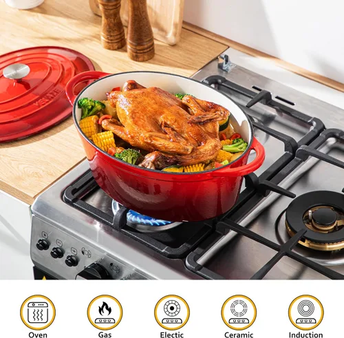 Miniatura 2 de Velaze Olla de horno holandés ovalada esmaltada de 7.5 QT con tapa, horno holandés de hierro fundido con asas duales para hornear pan, cocinar, Rojo