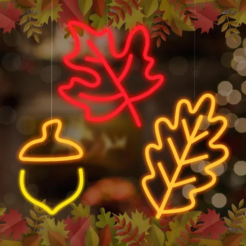 ROCEEI 3 piezas de letrero de neón de Acción de Gracias 2026, luces de ventana de otoño, decoración de otoño, hojas de arce, bellota, luces LED de